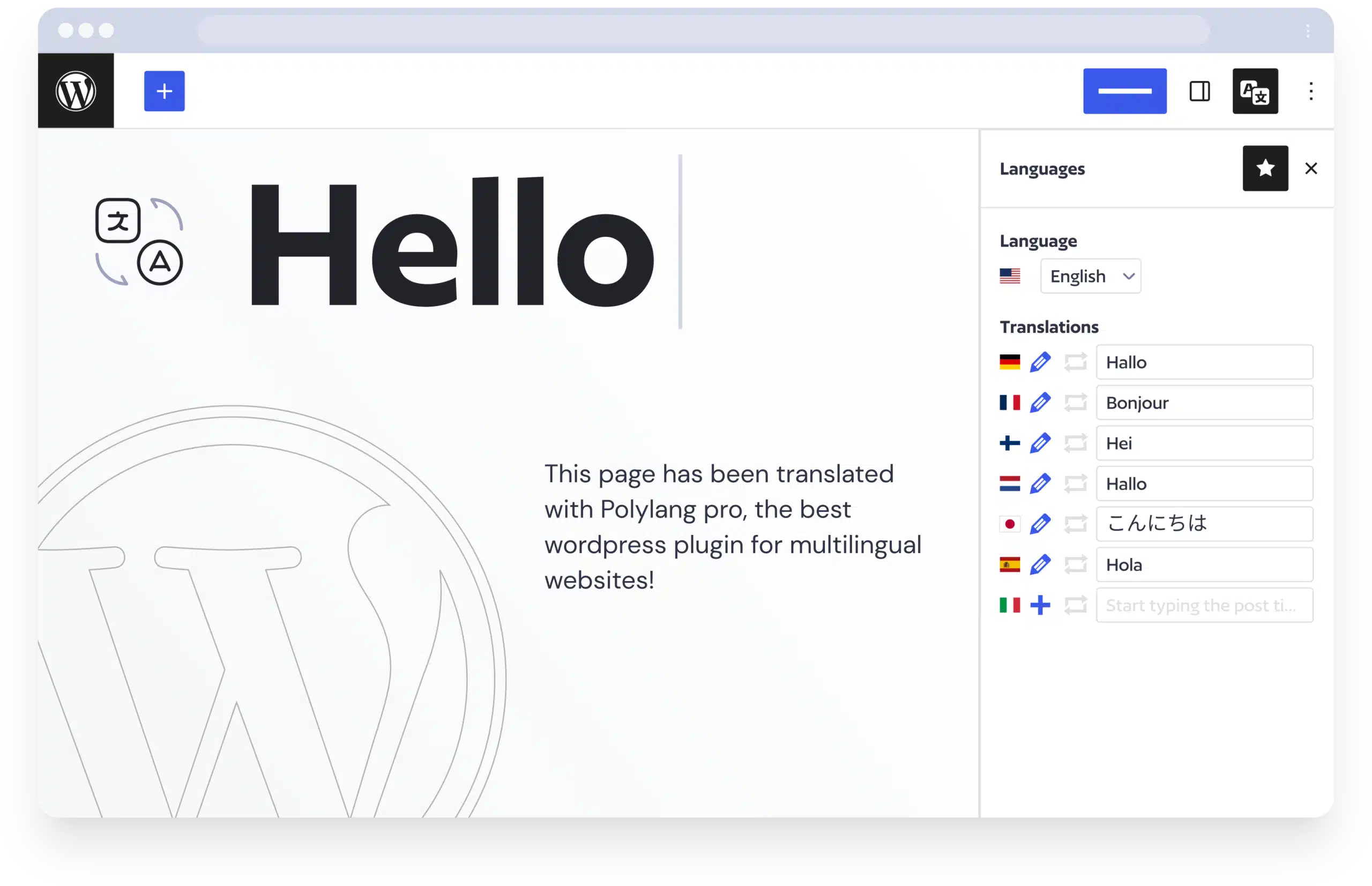 Wordpress editor view with PolyLang illustration